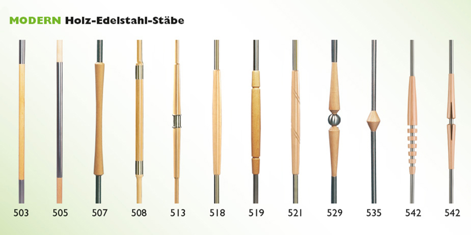 Treppengeländerstäbe aus Holz und Edelstahl